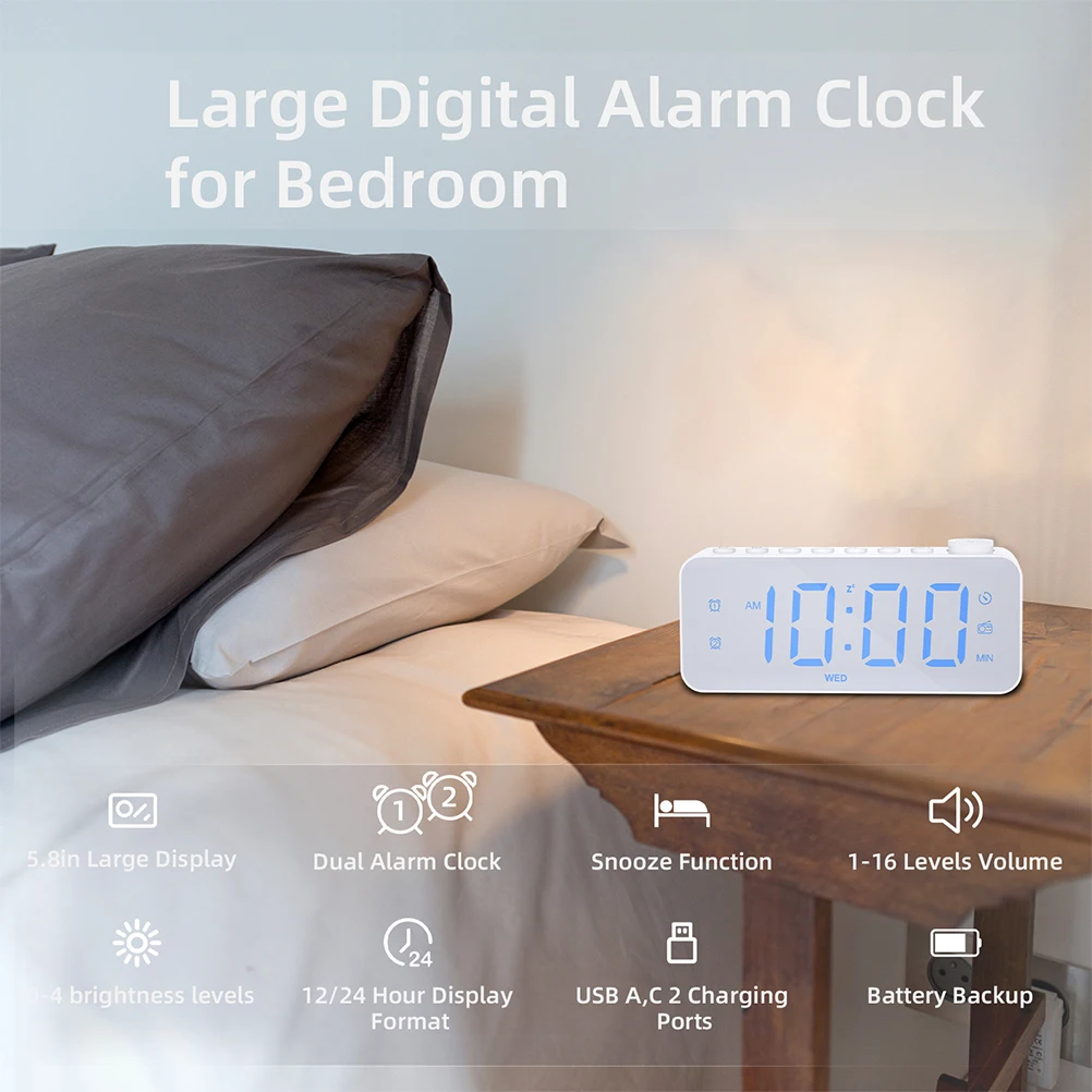 

Large LED Clock Radios For Bedroom Alarm Clock Radio Phone Charging Bedroom Decor White 24H FM Sleep Aid Device