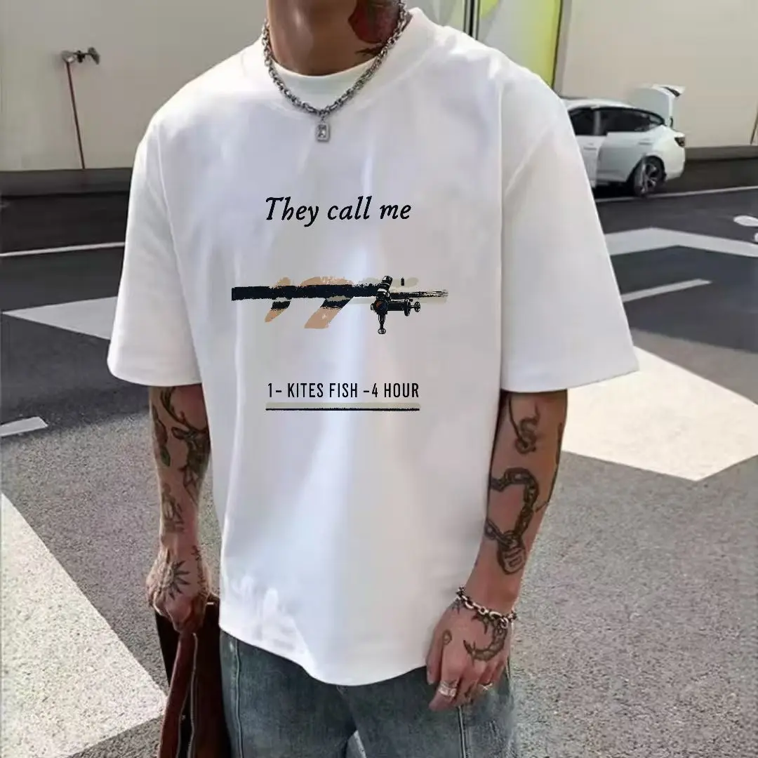 The Call Me 1 - KITES FISH - تي شيرت أبيض بأكمام قصيرة مطبوع عليه صورة بندقية 4 ساعات، تي شيرت كاجوال برقبة دائرية صيفي قابل للتنفس - U #6