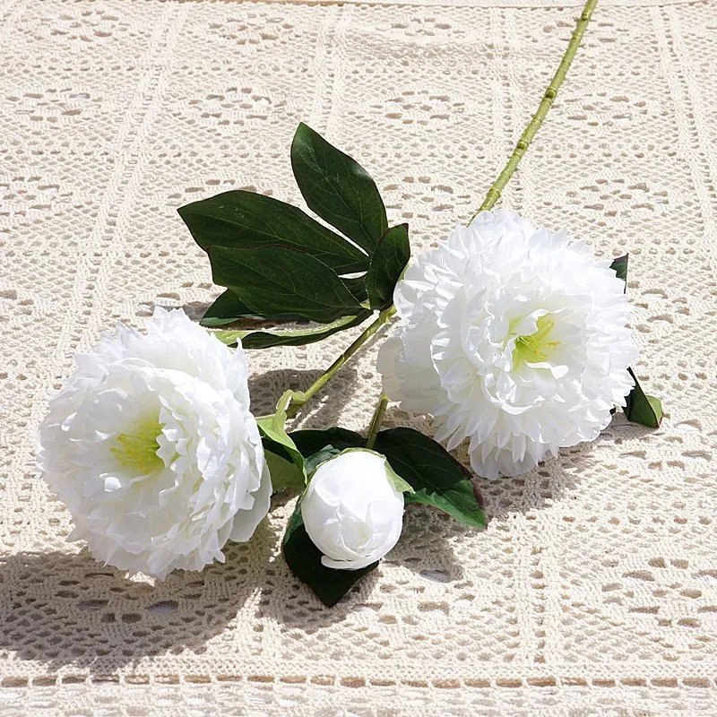 Beautiful 3-Head Peony Artificial Silk Flower Realistic Long Branch Fake Flower for Home Wedding Decoration Living Room Party