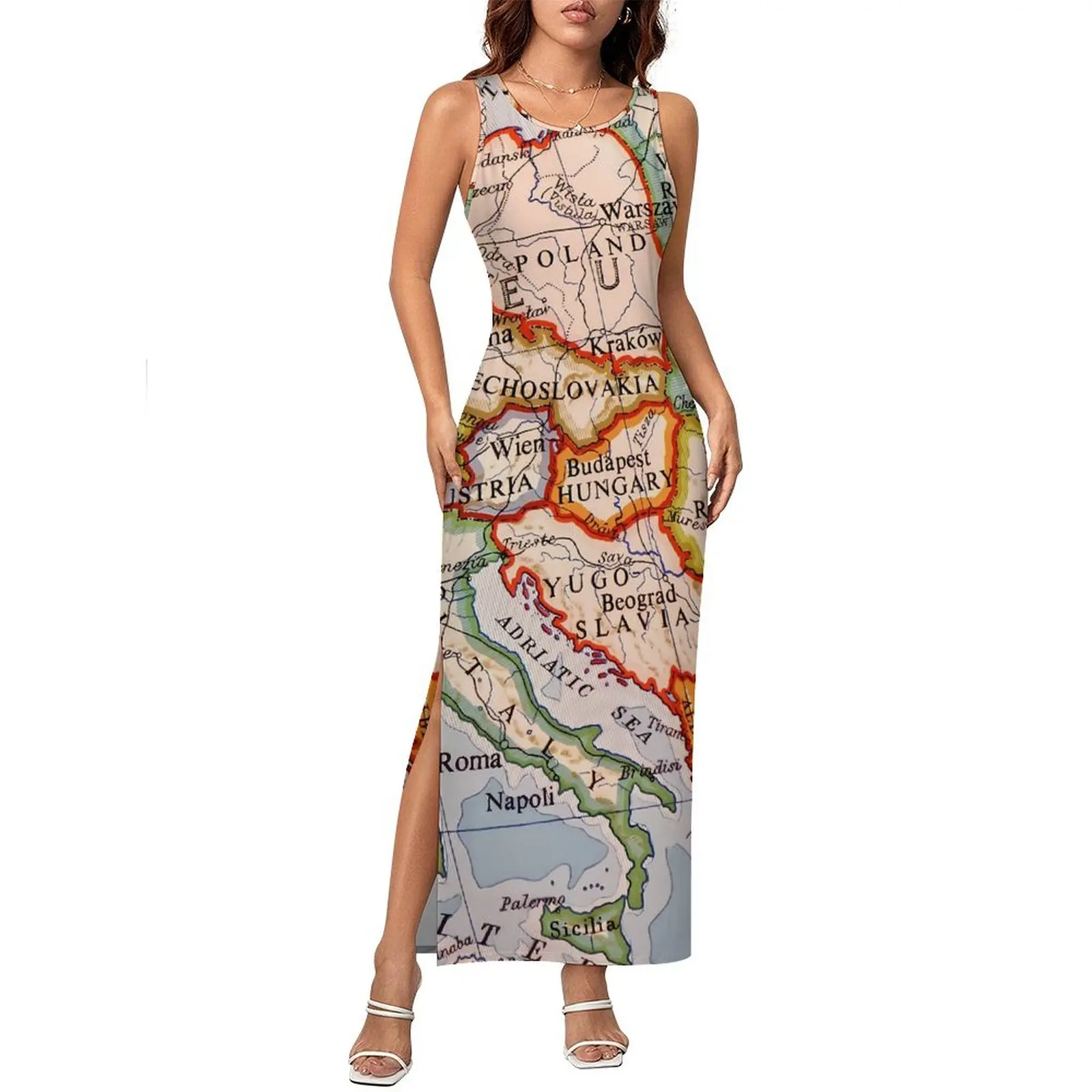 World Map Bodycon Dress Spring Colorful Geographic Vintage Maxi Dresses Ladies Sleeveless Design Aesthetic Dress Big Size
