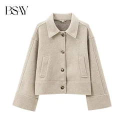 BSAY Women Fashion Autumn Winter Pocket New Loose Coat Jacket Long Sleeved Single Breasted Lapel Coats Chic Ladies Tops Mujer