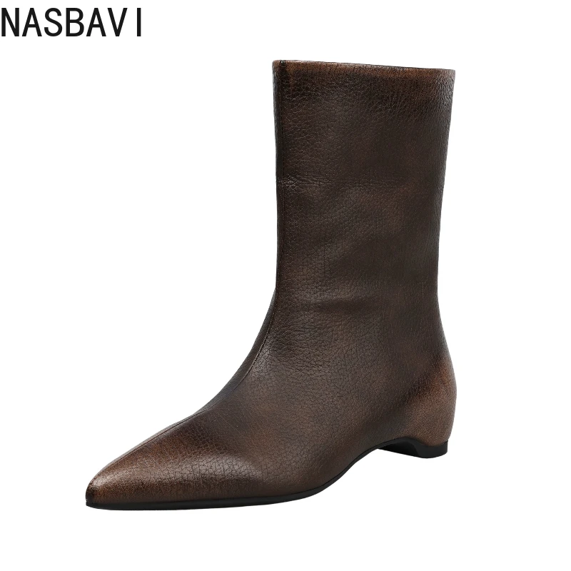 

Fashion Women Ankle Boots Winter Shoes Genuine Leather Autumn High Heels Zipper Retro Pointed Toe Black Short Boots 34-39