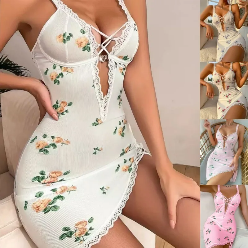 

2025 New Style Sexy Ribbed Homewear Sleepwear - Women's Homewear Deep V Sexy Printed Bralette Sleeping Dress Night Dress Women