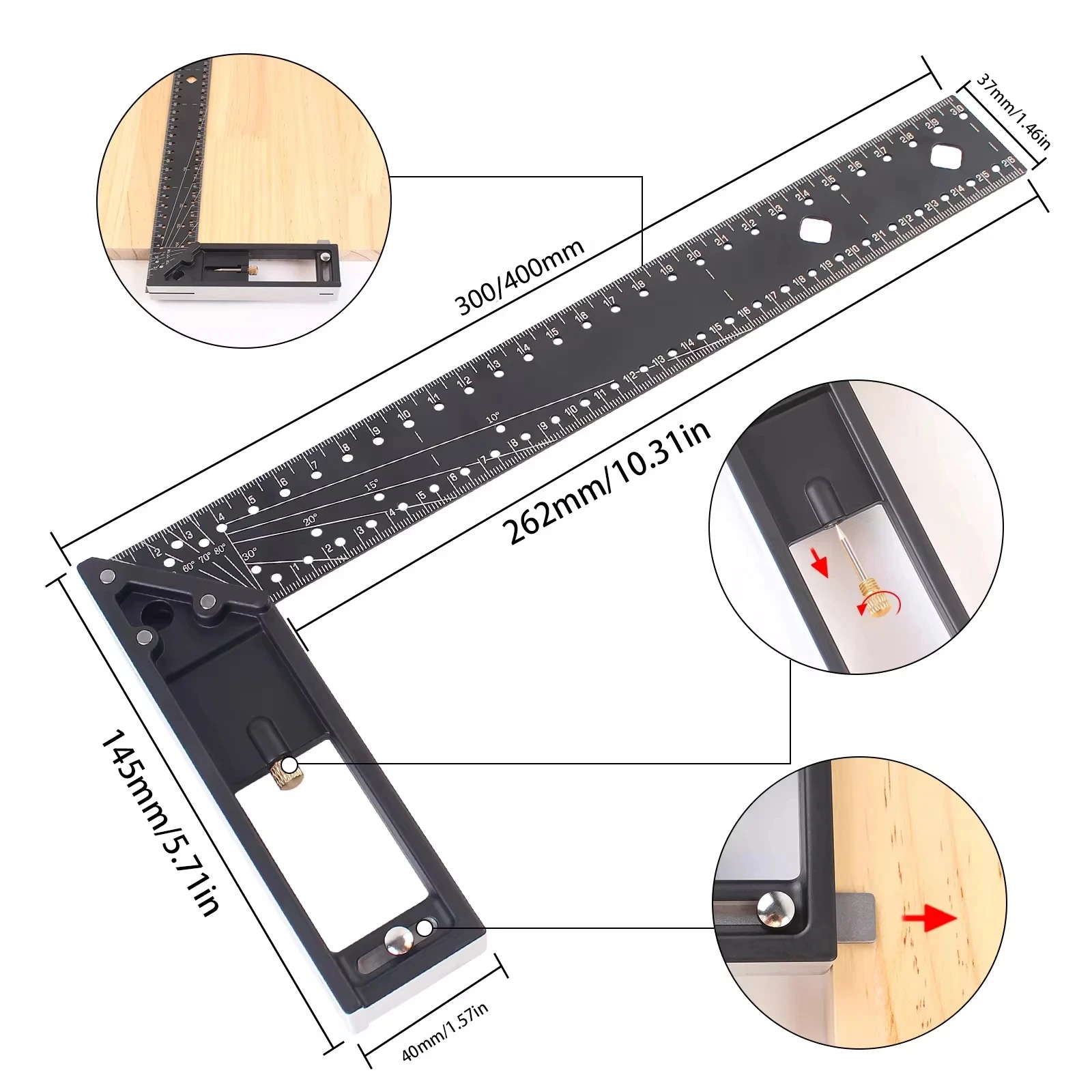 30/40cm Framing Square Ruler Woodworking T Square Ruler L Type Ruler, Layout Tool, 45/90 Degree Right Angle Ruler with Mark Pin