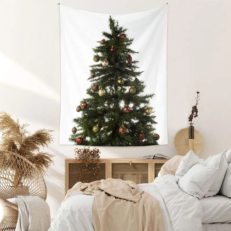 VIKAMA Wall Tapestry Christmas Tree Red Gold Green Ornaments Minimalist Art Print Wall Hanging Home Decor Living Room Bedroom