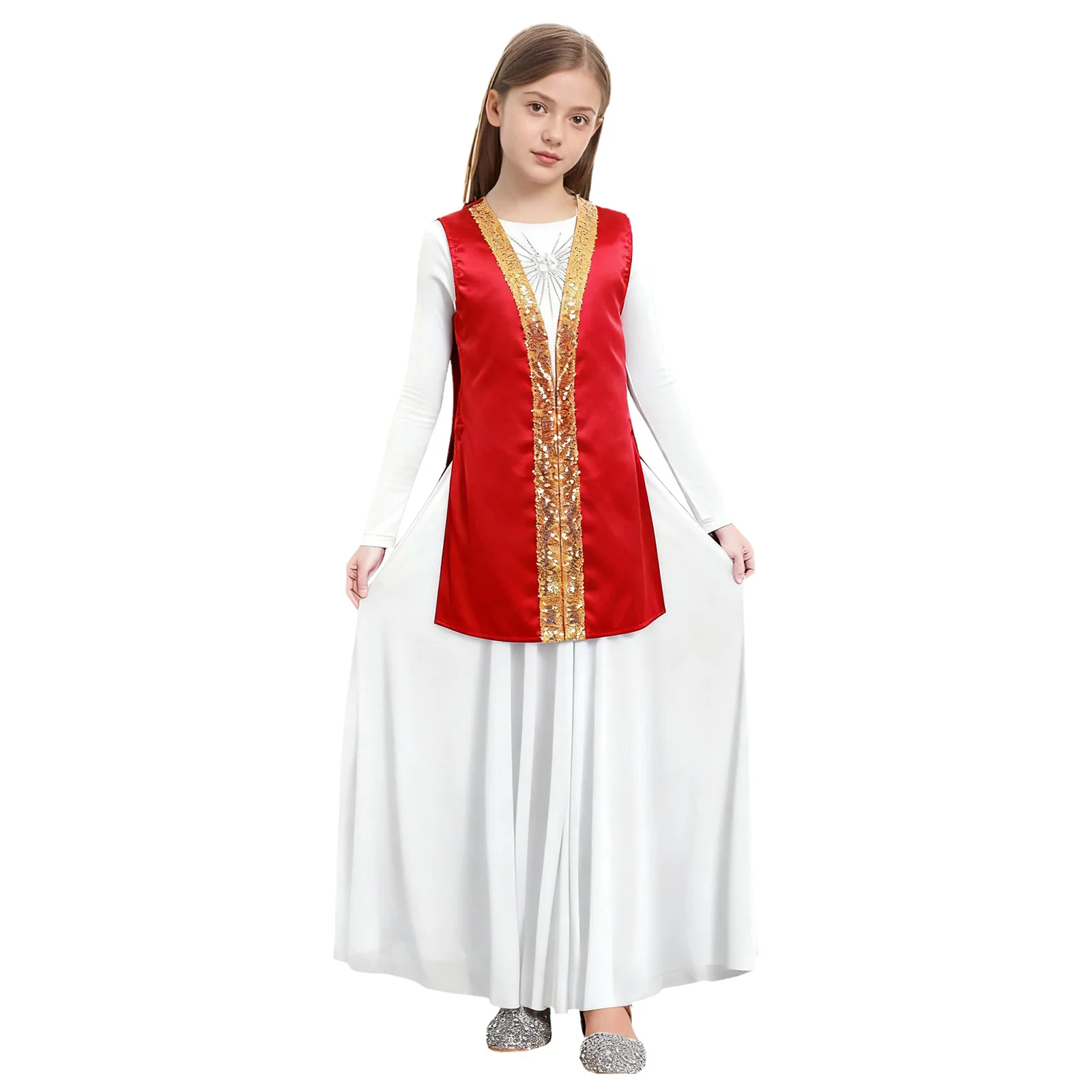 

Girls Graceful Liturgical Dance Outfits Set Sequin Satin Vest And Flowing Maxi Dress Lyrical Worship Robe for Church Performance