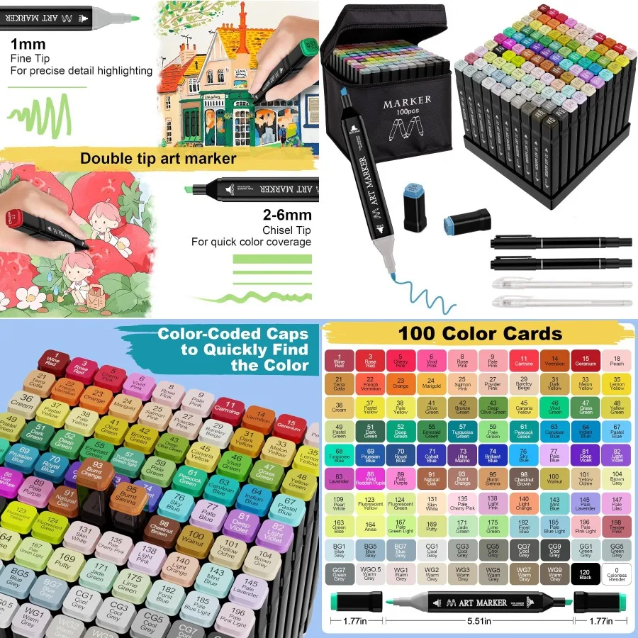 

Alcohol Markers Set 100 Colors Dual Tip Art Set for Sketching Adult Coloring Permanent Drawing With Case and Holders - Ideal fo