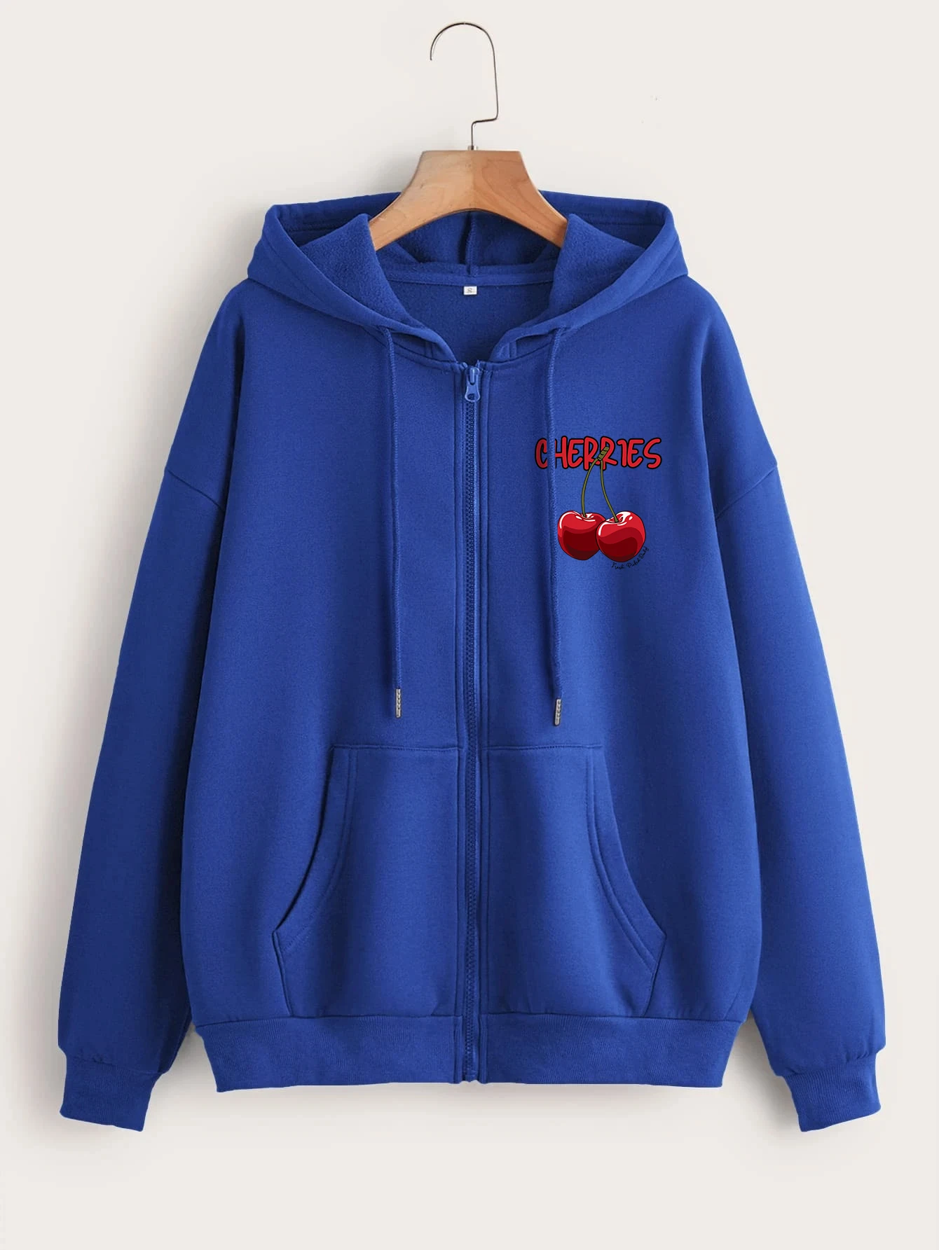 Cherries Cartoons Pattern Women Hooded Street Oversize Hoodies Zipper Fleece Hoodie Autumn Street Casual Soft Women Clothing