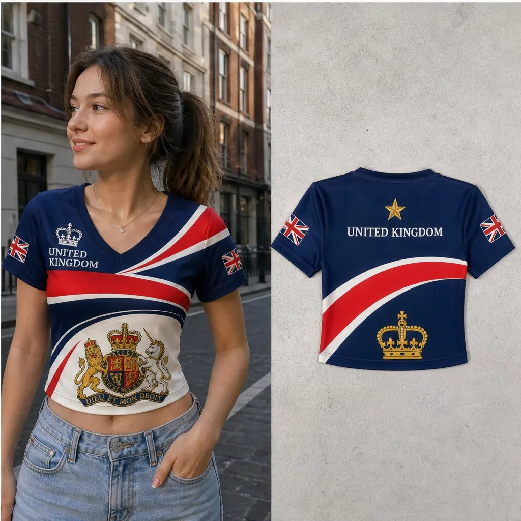 Women United Kingdom V Neck Crop Top Royal Crest Curved Stripe Print Short Sleeve Summer Casual Streetwear Fashion Tee for Women