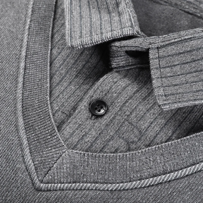 Men's Winter Polo Sweater Plush Pullover Polo Neck Sweaters Fake 2 Piece Fashion Business Causal Clothing Men KnitPullovers