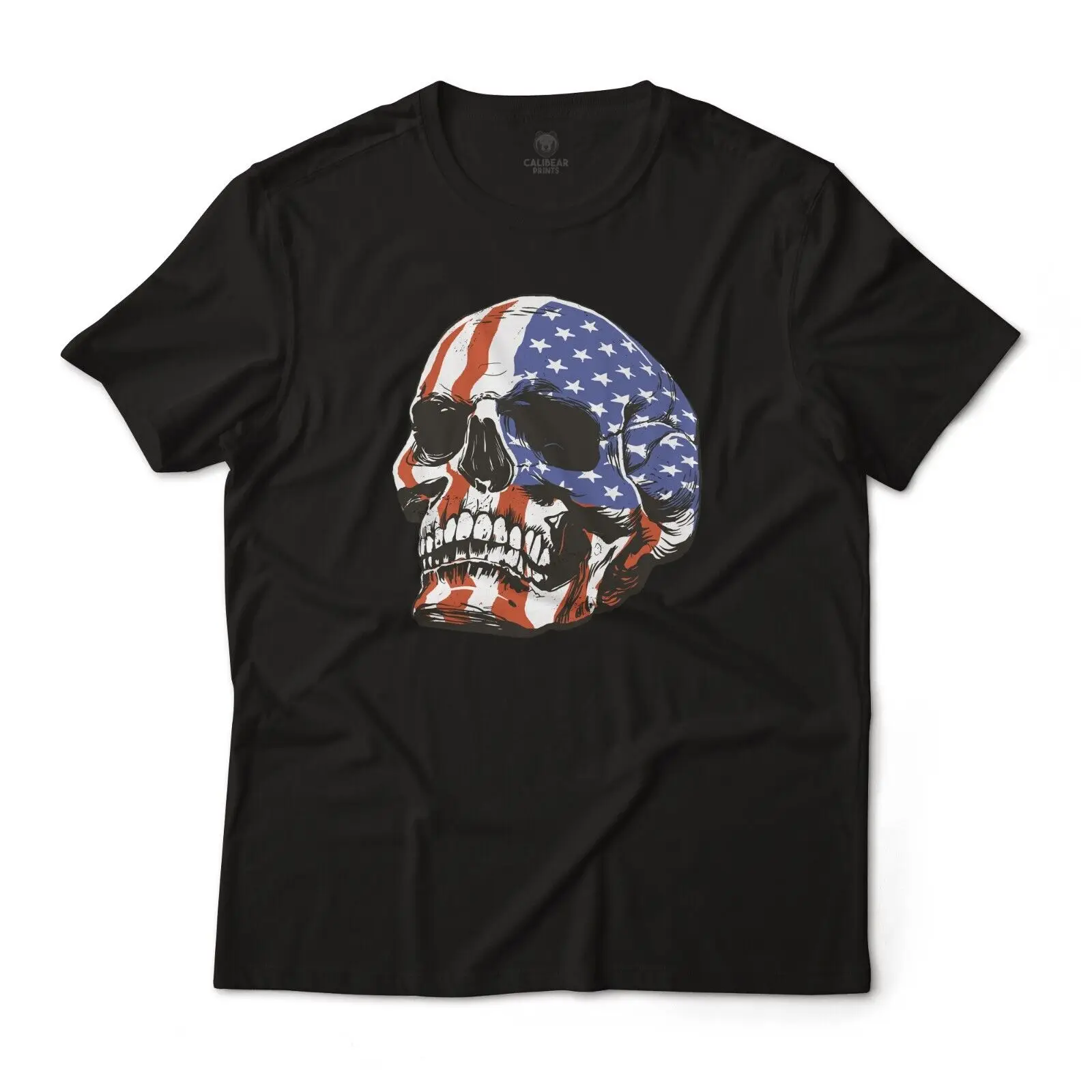 American US Skull Flag Art Graphic Art Tee Lightweight Fine Jersey T-Shirt