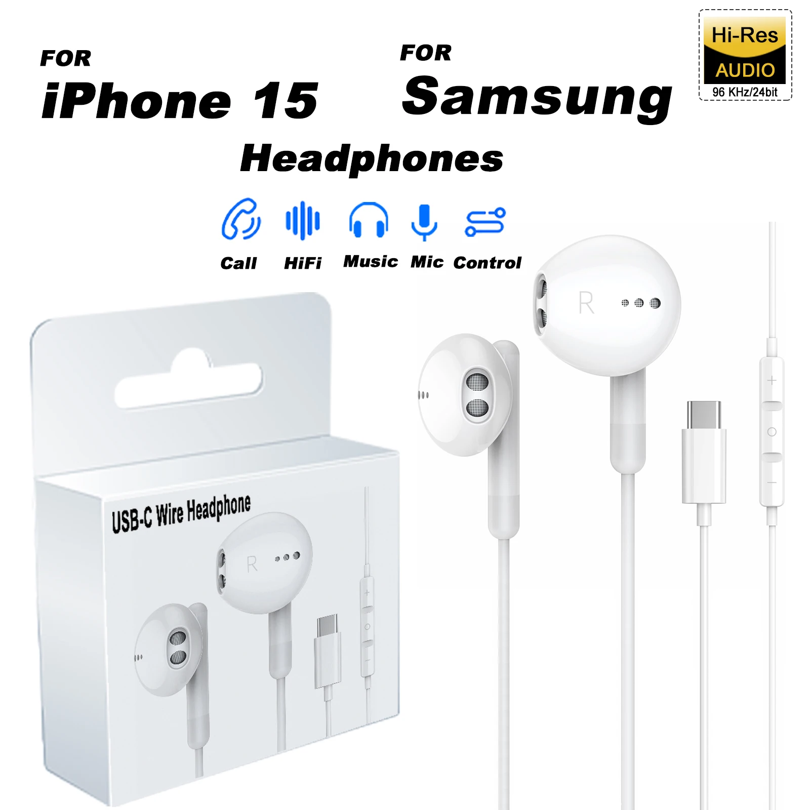 USB C Headphones For iPhone 15 Pro Max with Microphone Built-in Remote Control In-Ear Eeadphones Wired Earbuds For Samsung S23 2