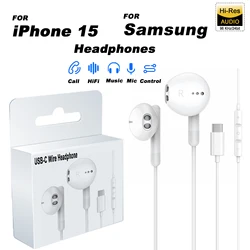 iPhone 15 Pro Max 용 USB C 헤드폰 (마이크 포함) 내장형 리모콘 이어폰 Eeadphones Samsung S23 2 용 유선 이어 버드