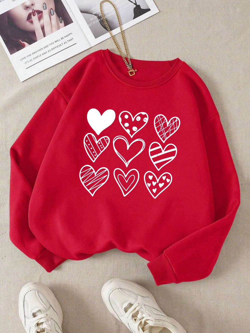 

Casual Womans Pullover Simple Lines Heart Drawing Printed Hoodie Soft Breathable Loose Crewneck Sweatshirt Autumn Female Clothes
