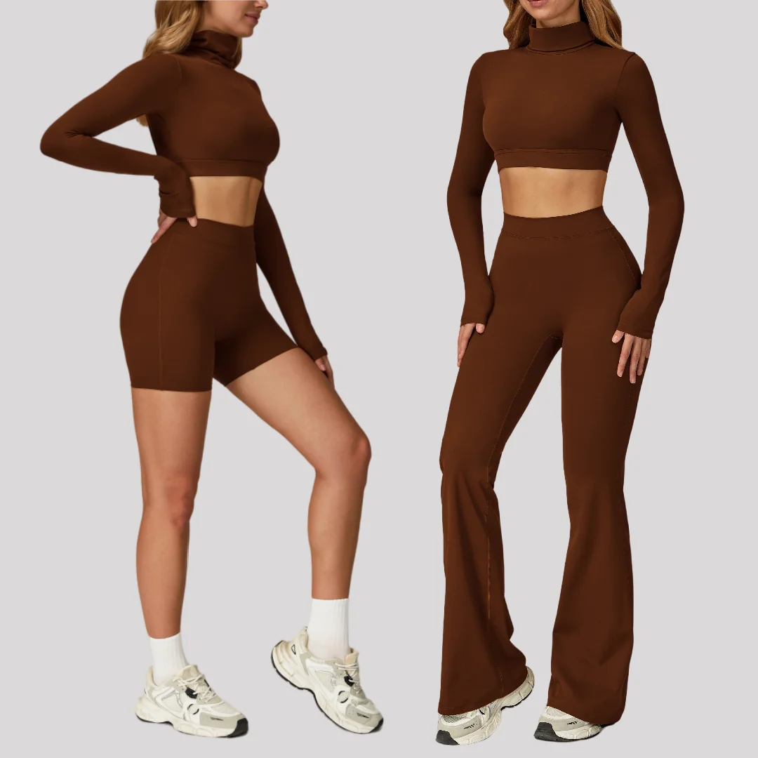 

High Waist Peach Hip Shorts Yoga Set Brushed Flared Trousers Long Sleeves Cycling Running Casual Workout Clothes Gym Sportswear