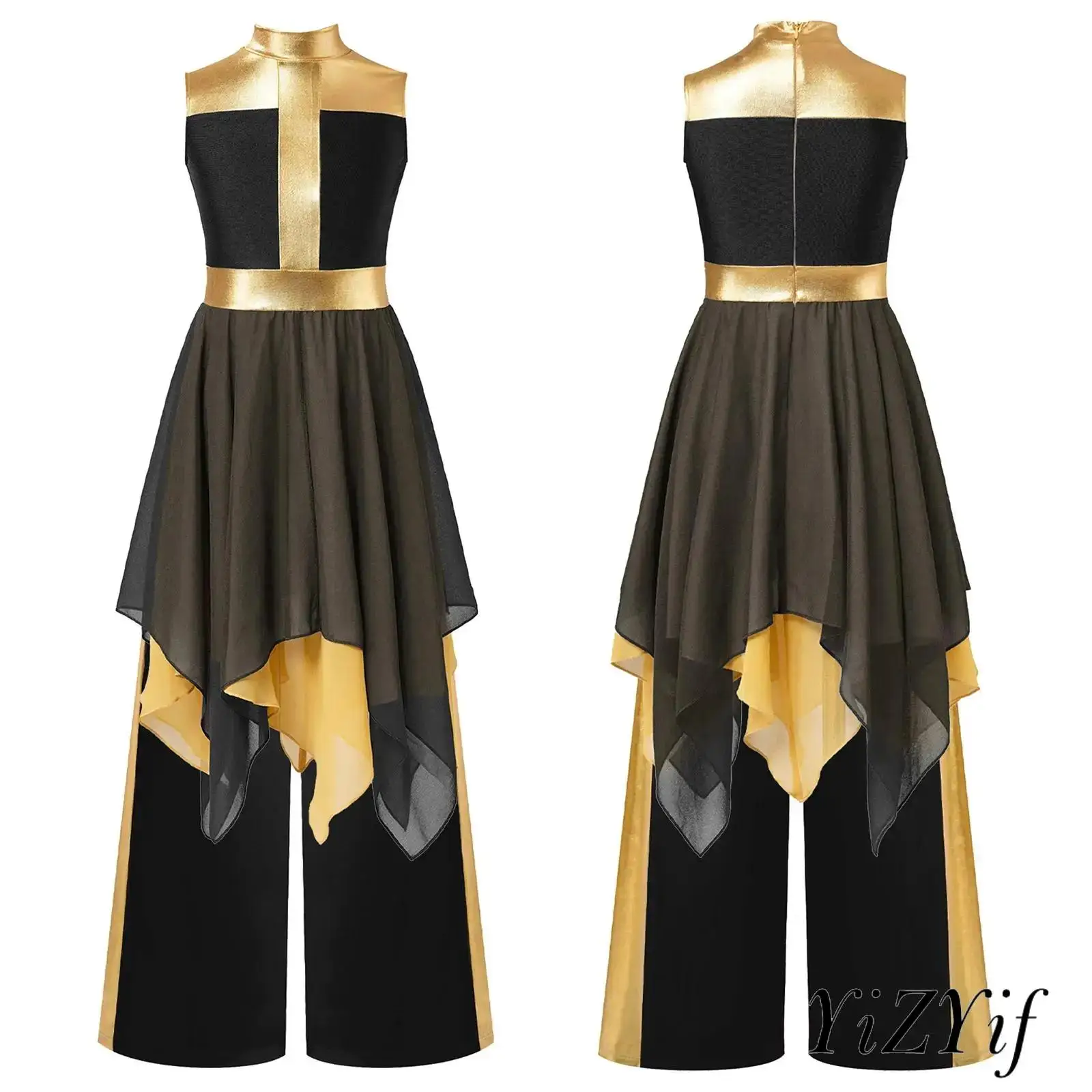

Kids Girls Lyrical Dance Outfits Mock Neck Irregular Hem Color Block Dress with Wide-Leg Pants Choir Performance Costume