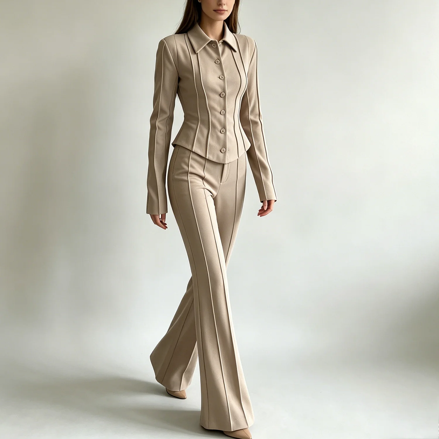 LIMO 2026 Spring/Summer New Lapel Single-breasted Waist-cinched Blazer & Solid Color Flared Pants Two-piece Set view 4