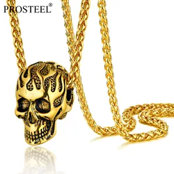 PROSTEEL Fire Flame Skull Pendant Necklace Gifts for Men 14K Gold Color /Black/Silver Colors Halloween Gothic Jewelry