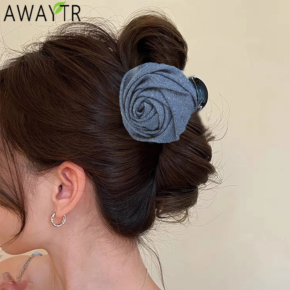 AWAYTR Denim Rose Bud Hair Claws Mannual Floral Hair Clips Crab For Women Girl Gift Hair Accessories Valentine Headwear