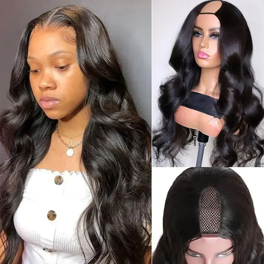 U Part Wig Body Wave Human Hair Wigs For Women Brazilian Glueless 18 Inches Wavy Upgrade Wig Natural Black Wigs