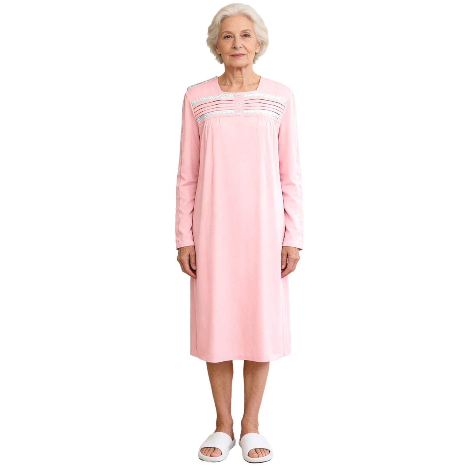 

Women Elderly Adaptive Clothing Open Back Robe with Full Back Overlap Hospital Gown Buttoned Long Sleeve Loose Pleated Dress