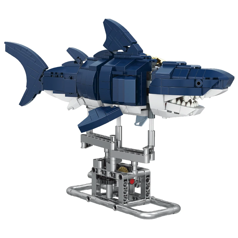Jeu de blocs de construction de requin de construction mécanique, 666 pièces, avec présentoir et lumières, jouets STEM pour enfants et adultes