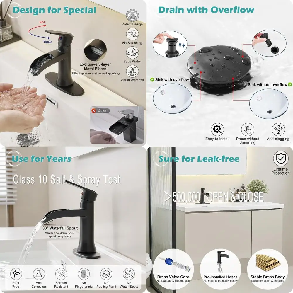 

Modern Matte Black 1 or 3-Hole Waterfall Faucet with Drain for 4 Sink, Brass, Suitable for Vanity and RV Bathrooms