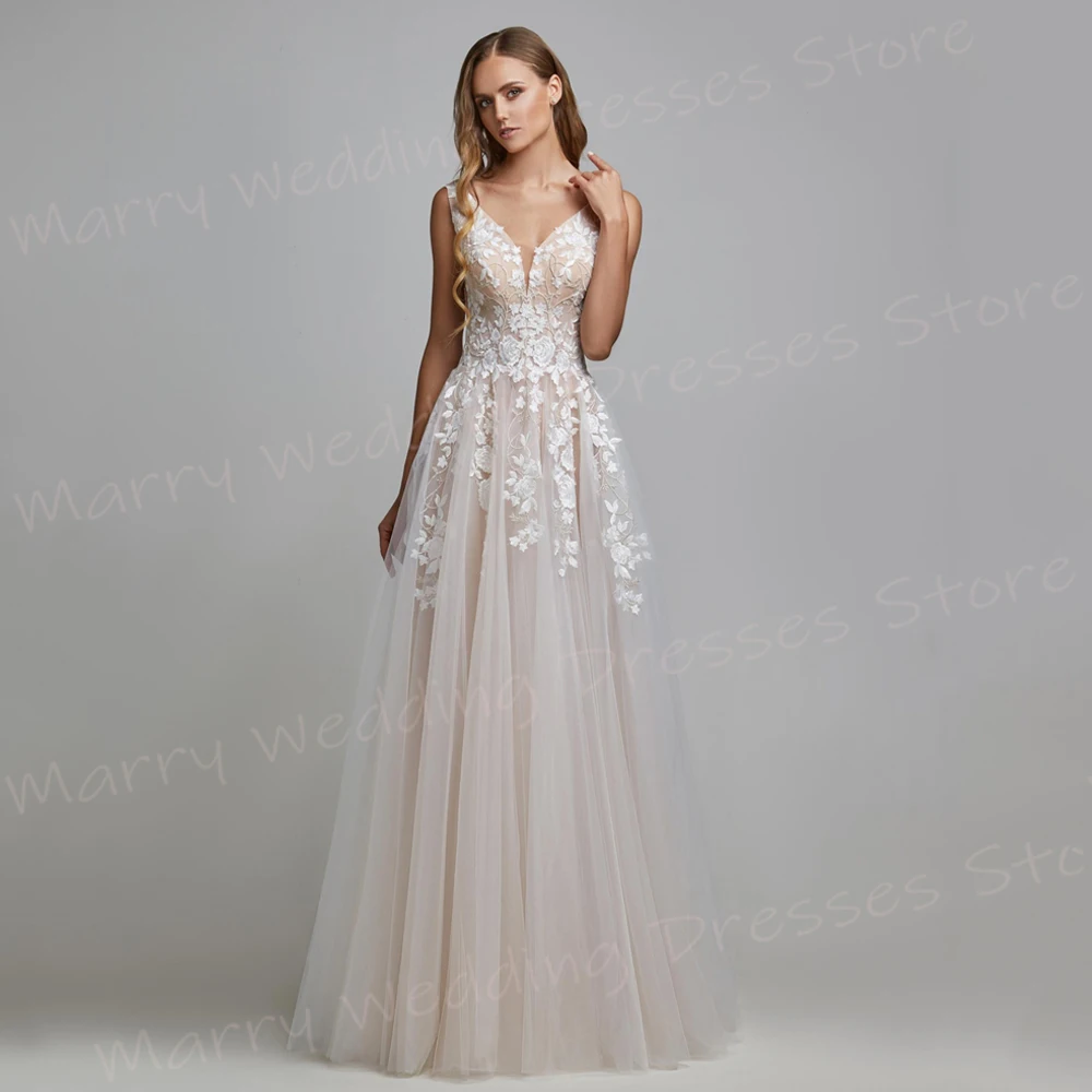 Boho Charming V Neck A Line Women's Wedding Dresses Exquisite Appliques Lace Bride Gowns Sleeveless Backless Vestidos De Novia