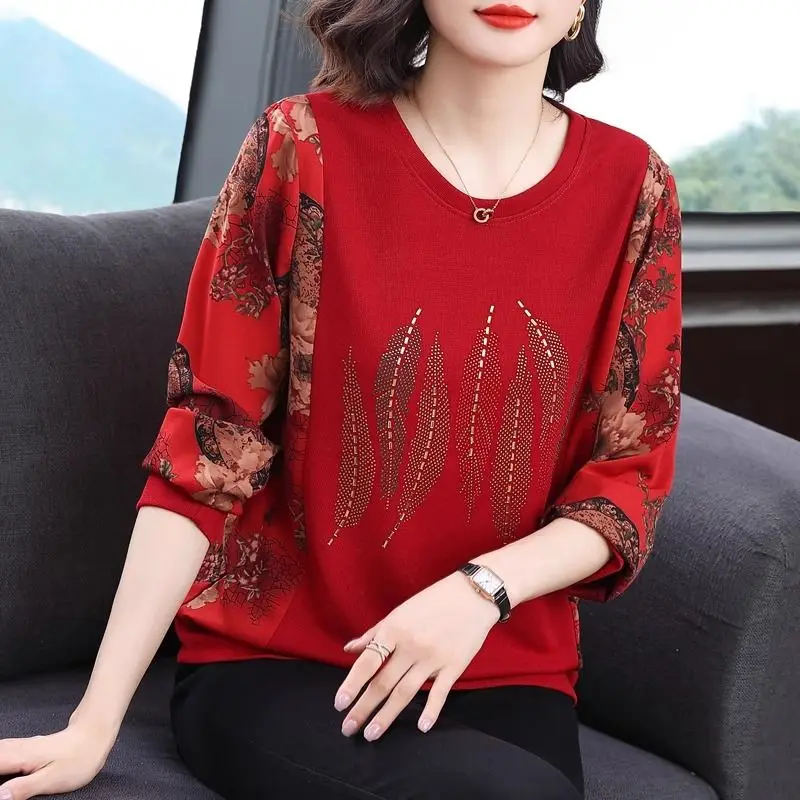 Spring and Autumn Bottom Shirt Women\'s 2024 New Style Middle Aged Mom Long Sleeved T-shirt Large Size Fat MM Loose Top