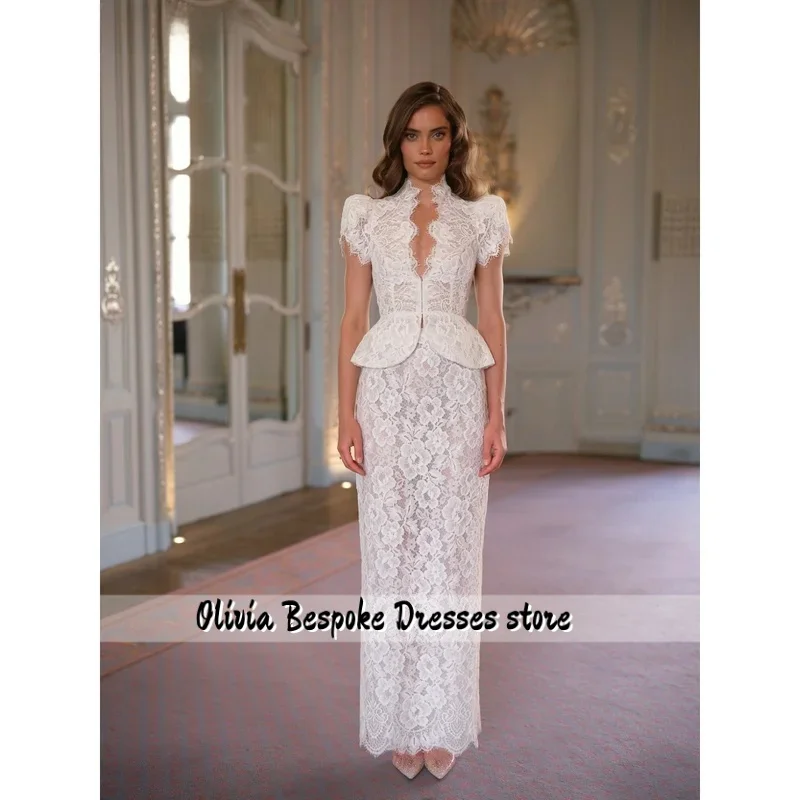 Customized High Neck Puff Sleeve Prom Dress Straight floor-length scalloped lace hem vestidos de noche Evening Dresses