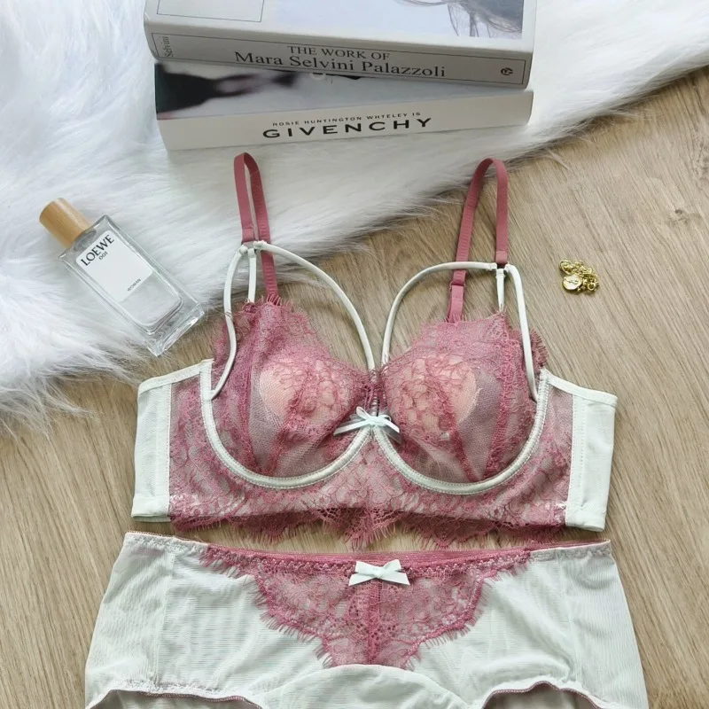 

French Lace Bra Panty Set Large Bust Women Slim Thin Cup Detachable Support Soft Underwire M-2XL Hot Sale Skin Friendly Comfort