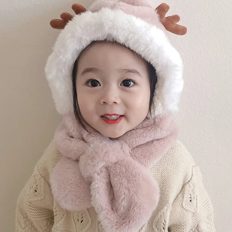 

NEW 2022 Kids Edition Elk Sweet Fashion Lei Feng Hat Winter Warm Plush Thickening Cute Girl Hat Scarf Gloves Three-Piece Suit