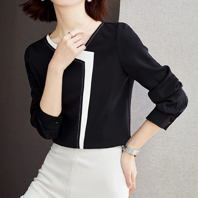 Women\'s Trendy Contrast Color Patchwork Blouse Spring Autumn V Neck Long Sleeve Shirt Casual Chic Tops Elegant Blusas Para Mujer