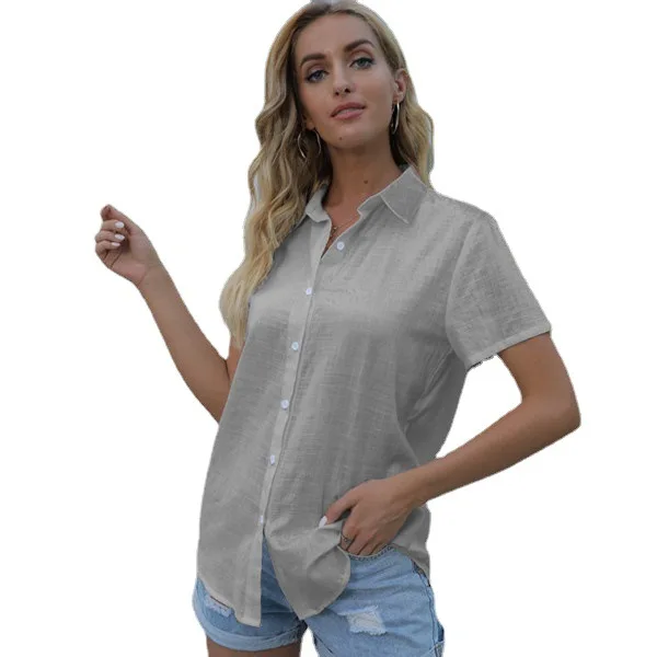 Camisa de lino de algodón de manga corta holgada informal de Color sólido para mujer camisas con botones de un solo pecho blusa Top