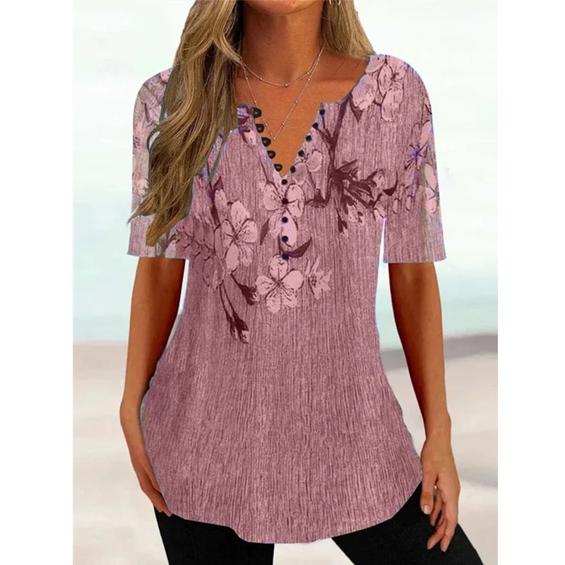 Women\'s Clothing 2023 Summer Vintage Floral Printed Oversized Elegant Shirt Fashion V Neck Short Sleeve Blouse Tunic Tops Blusas