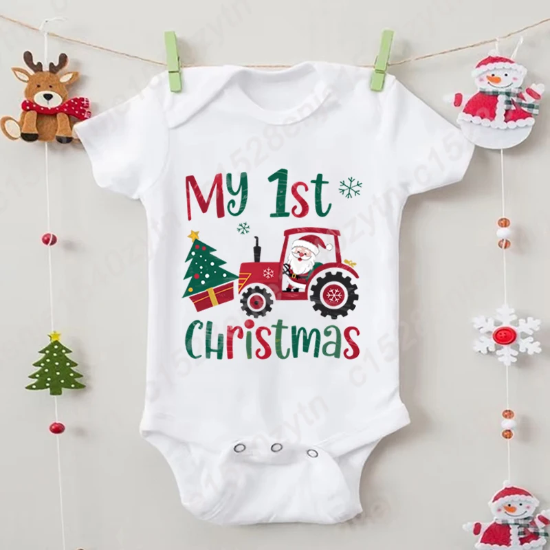 

Baby Girls Boys Bodysuit, My 1st Christmas Santa Truck Print Romper, Short Sleeves Crew Neck Bodysuit For Summer, Infant Clothes