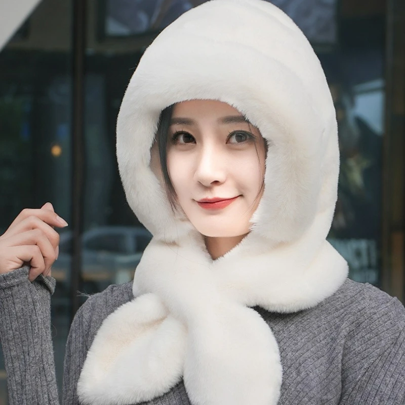 

Winter Fur Cap Scarf Set Hooded for Women Knitted Cashmere Neck Warm Balaclava Ski Windproof Hat Thick Plush Fluffy Beanies Hood