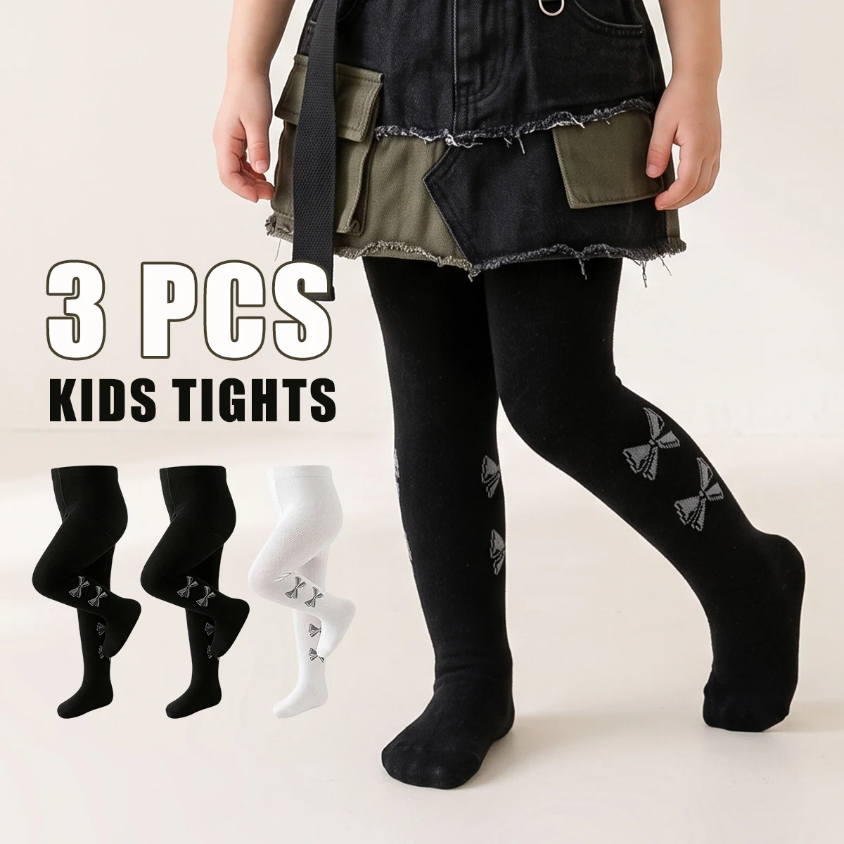 3er-Pack vertikal gerippte Strumpfhosen für Kleinkinder, weiche, hautfreundliche Kinderstrumpfhosen mit Fuß, einfache Strümpfe für Mädchen im Frühling und Herbst – Detail 1
