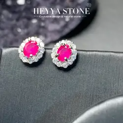 HEYYA STONE Oval Natural Ruby Stud Earrings For Women 925 Silver Simple Fine Jewelry Stone Gemstone Classic Style