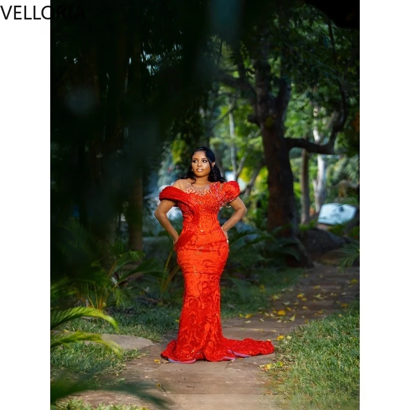 Aso Ebi Nigerian Red Mermaid Prom Dresses 2026 Floral Lace Crystals Stylish Evening Gown Second Birthday Gowns Dress Customized image 2