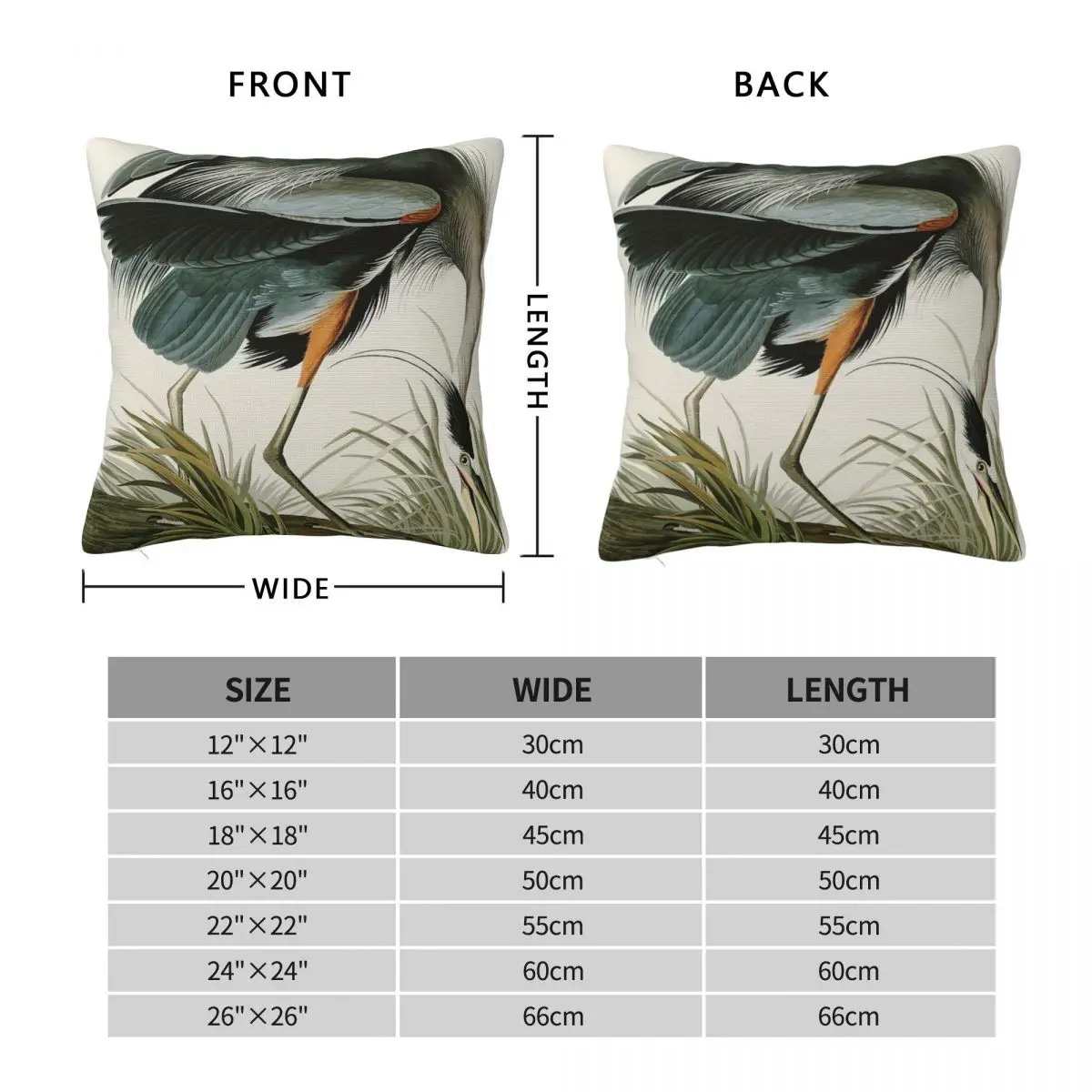 Great Blue Heron John James Audubon Square Pillowcase Polyester Linen Velvet Pattern Zip Decorative Sofa Cushion Case 45x45