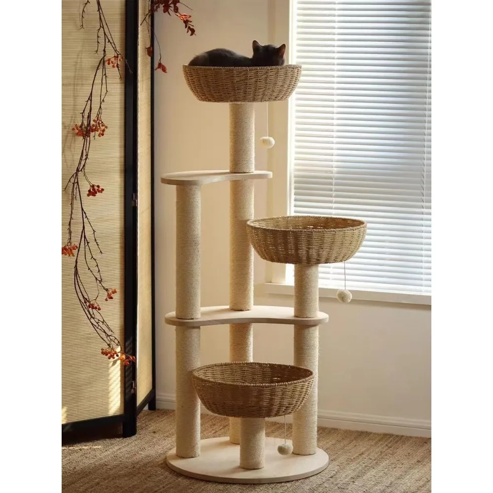 

Wood Luxury Multi-Level Oak Solid Wood Cat Trees and Towers Tree for Cats W/3 Weaving Cat Nests & Washable Cushions Supplies Pet