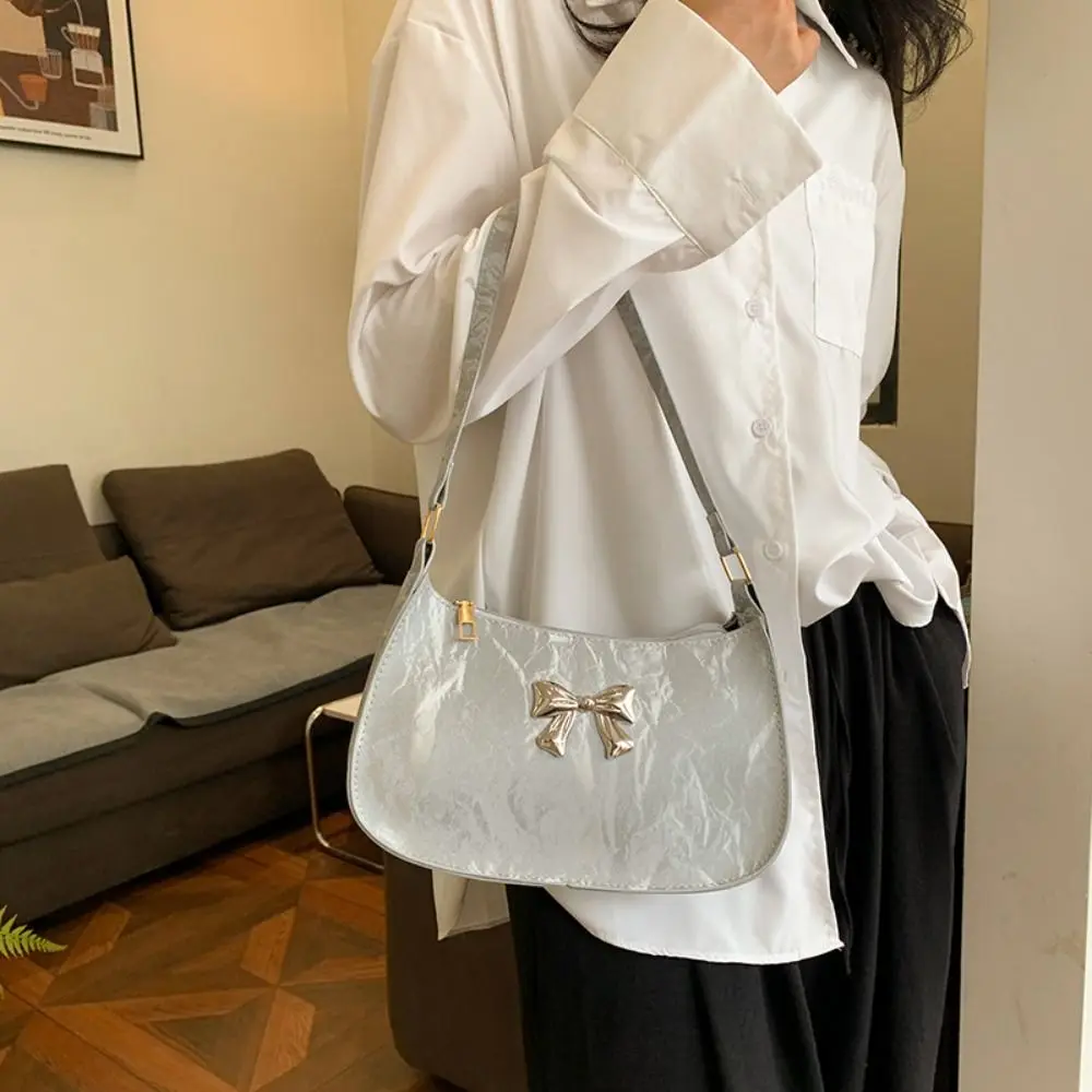 

Trendy Korean Bowknot Armpit Bag Solid Color Y2k Bow Underarm Bag Pu Leather Sweet Women's Handbag Girls