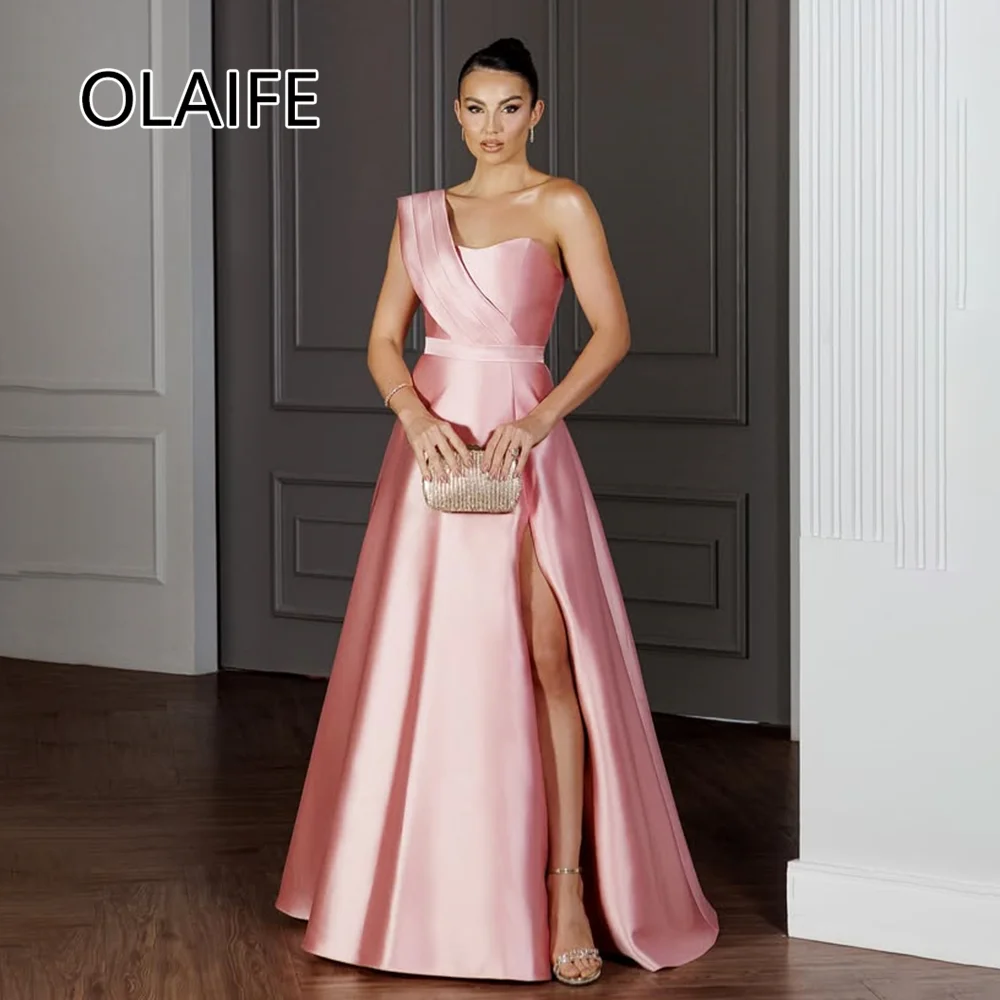 

Modest One Shoulder Satin Pleated Formal Saudi Arab Dress Backelss A-line Split Side Floor-length فساتين سهرة Customized