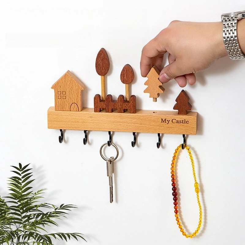 Nordic Solid Wood Wall Key Hook Creative New Wall-mounted Entrance Non-punching Key Storage Rack Into The Door
