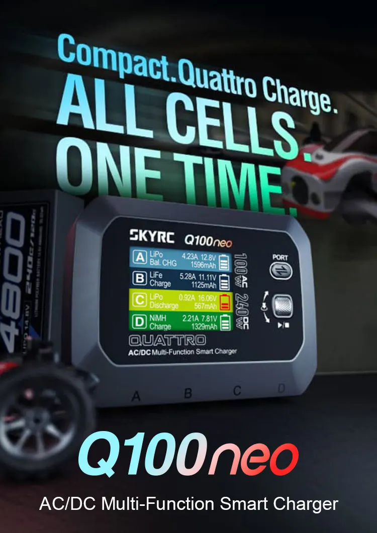SkyRC Q100neo 4-Channel Independent Output Charger 600mA Balance Current 0.02V Precision For Drone Soccer Drone Charger RC Tools