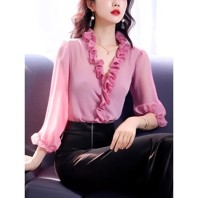 French Ruffles Elegant V-neck Shirt Women 2024 Summer Fashion Chiffon Solid Color Large Size Comfortable Casual Office Lady Tops