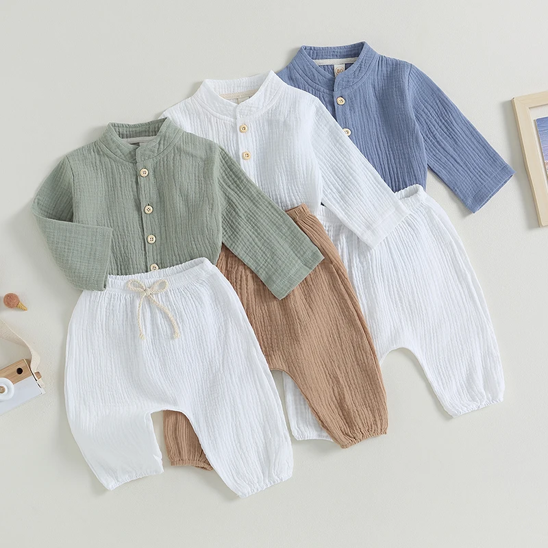 0-4Y Kids Boys Summer Fall Outfits Baby Solid Color Buttons Long Sleeve Shirts Tops + Elastic Waist Long Pants Boys Clothes Sets