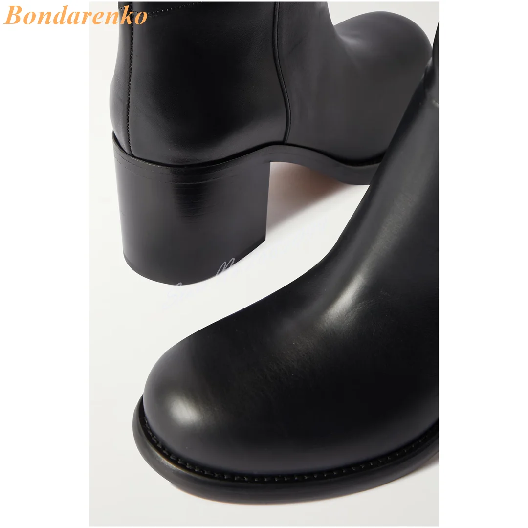 Round Toe Chunky Heels Boots Leather Slip On Thigh High Boots Solid New Style Women Shoes Winter Autumn Party Runway Designer