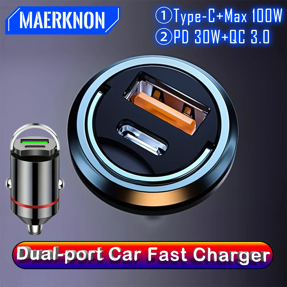

100W Car USB Charger Dual-port USB/Type-C Smart Fast Charging 30W PD+QC3.0 Mobile Phone Charger For iPhone Xiaomi Huawei Samsung